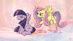 Size: 1920x1080 | Tagged: safe, artist:finalflutter, fluttershy, twilight sparkle, alicorn, pony, g4, crying, fake horn, female, mare, twilight sparkle (alicorn)