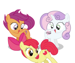 Size: 3000x2500 | Tagged: safe, artist:theodoresfan, apple bloom, scootaloo, sweetie belle, earth pony, pegasus, pony, unicorn, alternate cutie mark, cutie mark, cutie mark crusaders, female, looking at cutie mark, looking down, open mouth, simple background, transparent background, trio, trio female, vector