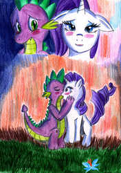 Size: 1220x1732 | Tagged: safe, artist:crystal-dream, rarity, spike, dragon, pony, unicorn, g4, female, interspecies, kiss on the lips, kissing, male, ship:sparity, shipping, straight, surprise kiss, traditional art