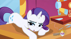 Size: 851x467 | Tagged: safe, screencap, rarity, pony, g4, magical mystery cure, bedroom eyes, bent over, element of generosity, female, invisible stallion, mirror, needle, out of context, scissors, sewing machine, solo, table