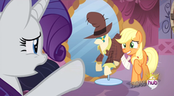 Size: 851x469 | Tagged: safe, screencap, applejack, rarity, g4, magical mystery cure
