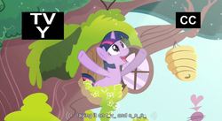 Size: 851x466 | Tagged: safe, screencap, twilight sparkle, g4, magical mystery cure, beehive, cable news network, cnn, hilarious in hindsight, tv rating, youtube caption