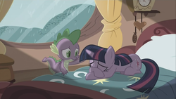 Size: 640x360 | Tagged: safe, screencap, spike, twilight sparkle, dragon, pony, unicorn, g4, magical mystery cure, bed, comforting, crossed hooves, duo, eyes closed, female, lying down, male, mare, prone, unicorn twilight