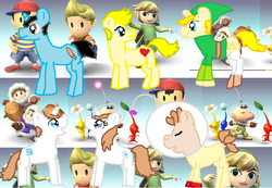 Size: 858x594 | Tagged: safe, artist:askrongotheearthpony, earth pony, pikmin, pony, unicorn, crossover, earthbound, ice climbers, link, lucas, ness, olimar, pikmin (series), ponified, super smash bros., super smash bros. brawl, the legend of zelda, the legend of zelda: the wind waker, toon link, tumblr