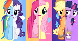 Size: 1595x840 | Tagged: safe, screencap, applejack, fluttershy, pinkie pie, rainbow dash, rarity, twilight sparkle, g4, magical mystery cure, female, pinkamena diane pie