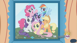 Size: 640x360 | Tagged: safe, screencap, applejack, fluttershy, pinkie pie, rainbow dash, rarity, twilight sparkle, earth pony, pegasus, pony, unicorn, g4, magical mystery cure, hub logo, logo, mane six, photo, the hub