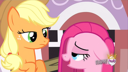 Size: 1440x808 | Tagged: safe, screencap, applejack, pinkie pie, earth pony, pony, g4, magical mystery cure, duo, female, floppy ears, hub logo, logo, looking at each other, looking at someone, mare, pinkamena diane pie, sweat, the hub