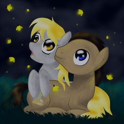 Size: 5000x5000 | Tagged: safe, artist:annedwen, derpy hooves, doctor whooves, time turner, firefly (insect), pegasus, pony, g4, absurd resolution, female, male, mare, ship:doctorderpy, shipping, straight