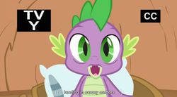 Size: 846x467 | Tagged: safe, screencap, spike, dragon, g4, magical mystery cure, solo, spike's bed, tv rating, waking up, youtube caption