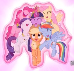 Size: 838x807 | Tagged: safe, screencap, applejack, fluttershy, pinkie pie, rainbow dash, rarity, twilight sparkle, earth pony, pegasus, pony, unicorn, g4, magical mystery cure, season 3, element of generosity, element of honesty, element of kindness, element of laughter, element of loyalty, element of magic, elements of harmony, female, group hug, hug, magic, mane six, mare, unicorn twilight