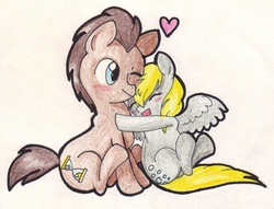 Size: 979x748 | Tagged: safe, artist:missy12113, derpy hooves, doctor whooves, time turner, earth pony, pegasus, pony, g4, blushing, cute, derpabetes, doctorbetes, female, heart, hug, male, mare, ship:doctorderpy, shipping, stallion, straight, traditional art