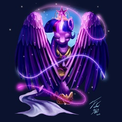 Size: 900x904 | Tagged: safe, artist:tsitra360, twilight sparkle, alicorn, pony, g4, big crown thingy, clothes, dress, element of magic, elements of harmony, jewelry, large wings, magic, regalia, twilight sparkle (alicorn)