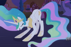 Size: 1052x709 | Tagged: safe, screencap, princess celestia, alicorn, pony, g4, magical mystery cure, bowing, eyes closed, female, hoof shoes, mare, peytral, solo