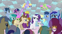 Size: 850x470 | Tagged: safe, screencap, alula, berry punch, berryshine, blues, bon bon, carrot top, cloud kicker, crescent pony, golden harvest, goldengrape, grape crush, mane moon, merry may, minuette, noteworthy, pluto, rarity, sassaflash, sir colton vines iii, spring melody, sprinkle medley, sunshower raindrops, sweetie drops, time flies, twilight sparkle, earth pony, pegasus, pony, unicorn, g4, magical mystery cure, season 3, animation error, background pony, checkered clouds, cloud, cloudy, female, filly, hub logo, logo, male, mare, stallion, the hub, wingless