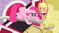 Size: 1440x809 | Tagged: safe, edit, edited screencap, screencap, applejack, pinkie pie, earth pony, pony, g4, magical mystery cure, faic, female, gutter, hentai woody, hub logo, mare, pinkamena diane pie, wat, woody face