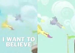 Size: 800x562 | Tagged: safe, edit, edited screencap, screencap, derpy hooves, parasol, sassaflash, pegasus, pony, g4, magical mystery cure, female, flying, i want to believe, mare