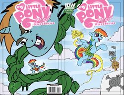 Size: 800x615 | Tagged: safe, idw, gilda, rainbow dash, snails, snips, griffon, pony, g4, official, captain hook, comic, giant pony, jack and the beanstalk, macro, my little pony logo, peter pan, pirate, tinkerbell, vine