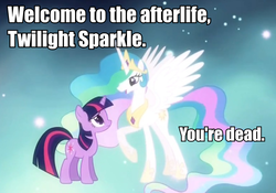 Size: 872x611 | Tagged: safe, edit, edited screencap, screencap, princess celestia, twilight sparkle, alicorn, pony, unicorn, g4, magical mystery cure, afterlife, ascension realm, duo, ethereal mane, female, image macro, mare, princess celestia's special princess making dimension, q, reference, star trek, star trek: the next generation, unicorn twilight, void, welcome to the afterlife
