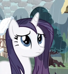 Size: 730x790 | Tagged: safe, screencap, rarity, pony, unicorn, g4, magical mystery cure, checkered clouds, female, horn, mare, rain, sad, solo, wet, wet mane, wet mane rarity