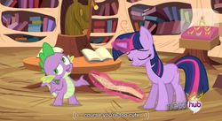 Size: 848x466 | Tagged: safe, screencap, spike, twilight sparkle, g4, magical mystery cure, book, elements of harmony, hub logo, youtube caption