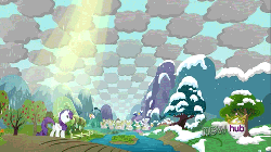 Size: 512x288 | Tagged: safe, screencap, rarity, pony, unicorn, g4, magical mystery cure, animated, animated screencap, checkered clouds, female, hub logo, mare, ponyville, snow, snowfall, sun