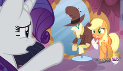 Size: 1496x865 | Tagged: safe, screencap, applejack, rarity, g4, magical mystery cure, hat