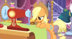 Size: 1914x1044 | Tagged: safe, screencap, applejack, earth pony, pony, g4, magical mystery cure, scrunchy face, sewing, sewing machine, swapped cutie marks