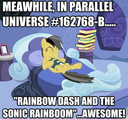Size: 625x586 | Tagged: safe, edit, edited screencap, screencap, daring do, pony, g4, read it and weep, alternate universe, bed, book, caption, cropped, eyes closed, female, hilarious in hindsight, image macro, implied rainbow dash, mare, meme, parallel universe, role reversal, solo
