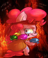 Size: 820x1000 | Tagged: safe, artist:atryl, pinkie pie, earth pony, pony, g4, 30 minute art challenge, balloon, bipedal, colored eyelashes, female, fire, headband, looking back, markings, run, sack, solo, sweat, water balloon