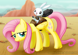 Size: 992x700 | Tagged: safe, artist:scorchie-critter, angel bunny, fluttershy, g4, angel riding fluttershy, john marston, rabbits riding ponies, red dead redemption, riding, saddle