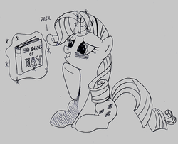 Size: 500x405 | Tagged: safe, artist:queencold, rarity, g4, 50 shades of hay, blushing, book, fifty shades of grey, monochrome, parody, sketch