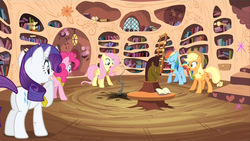 Size: 1280x720 | Tagged: safe, screencap, applejack, fluttershy, pinkie pie, rainbow dash, rarity, earth pony, pegasus, pony, unicorn, g4, magical mystery cure, bookshelf, element of generosity, element of honesty, element of kindness, element of laughter, element of loyalty, female, golden oaks library, horsehead centerpiece, ladder, library, mare, scorch mark, smoke, surprised