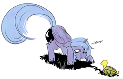 Size: 900x582 | Tagged: safe, artist:katiepox, princess luna, duck, pony, turtle, g4, face down ass up, floppy ears, gritted teeth, scared, turtle duck, whimpering, woona