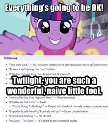 Size: 650x738 | Tagged: safe, edit, edited screencap, screencap, twilight sparkle, g4, magical mystery cure, clothes, coronation dress, dress, everything is going to be ok, female, grin, mare, smiling, tempting fate, text, tv tropes, twilight sparkle (alicorn)