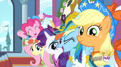 Size: 850x468 | Tagged: safe, screencap, applejack, fluttershy, pinkie pie, rainbow dash, rarity, g4, magical mystery cure, hat, wink
