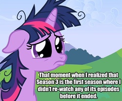 Size: 640x528 | Tagged: safe, edit, edited screencap, screencap, twilight sparkle, pony, unicorn, g4, lesson zero, season 2, big eyes, cropped, female, messy mane, meta, pouty, sad, solo, unicorn twilight