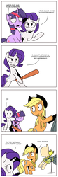 Size: 800x2400 | Tagged: safe, artist:karzahnii, applejack, rarity, twilight sparkle, pony, unicorn, g4, magical mystery cure, baseball bat, clothes, comic, dress, mannequin, swapped cutie marks, unicorn twilight