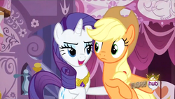 Size: 1280x720 | Tagged: safe, screencap, applejack, rarity, g4, magical mystery cure, element of generosity, lidded eyes, out of context