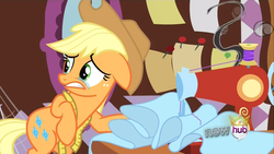 Size: 1280x720 | Tagged: safe, screencap, applejack, earth pony, pony, g4, magical mystery cure, applejack's hat, bipedal, cowboy hat, crying, crying on the outside, hat, sewing, sewing machine, swapped cutie marks