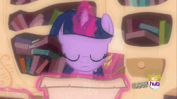 Size: 512x288 | Tagged: safe, screencap, twilight sparkle, pony, g4, magical mystery cure, adorkable, animated, book, cute, dork, female, golden oaks library, hub logo, scroll, squee