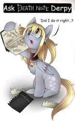 Size: 500x800 | Tagged: safe, artist:scythegirl, derpy hooves, pegasus, pony, ask death note derpy, g4, alternate hairstyle, ask, crossover, death note, female, mare, misa amane