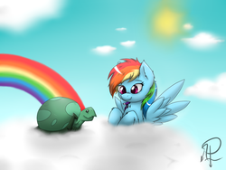 Size: 1032x774 | Tagged: dead source, safe, artist:ephemurai, artist:joey darkmeat, rainbow dash, tank, g4, colored, cute