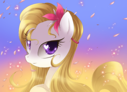 Size: 900x650 | Tagged: dead source, safe, artist:loyaldis, banner mares, crescendo, pony, g4, background pony, cute, flower, flower in hair, heart eyes, petals, solo, wingding eyes