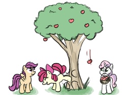 Size: 3600x2700 | Tagged: safe, artist:estrill, apple bloom, scootaloo, sweetie belle, earth pony, pegasus, pony, unicorn, g4, apple, apple tree, applebucking, basket, blank flank, bucking, cute, cutie mark crusaders, female, filly, foal, food, mouth hold, simple background, spread wings, tree, white background, wings