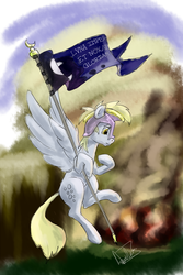 Size: 533x800 | Tagged: safe, artist:archonix, derpy hooves, pegasus, pony, g4, female, flag, flying, helmet, mare, solo