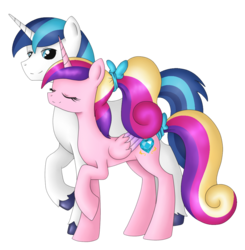 Size: 1044x1064 | Tagged: safe, artist:star-charm, princess cadance, shining armor, alicorn, pony, unicorn, g4, eyes closed, female, male, mare, ponytail, raised hoof, simple background, stallion, transparent background