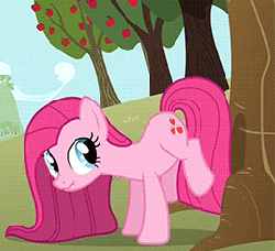 Size: 261x239 | Tagged: safe, screencap, pinkie pie, earth pony, pony, g4, magical mystery cure, season 3, alternative cutie mark placement, animated, apple, applebucking, balloonbutt, broken leg, butt, female, food, gif, hooves, inner thigh cutie mark, mare, ouch, pinkamena diane pie, plot, scrunchy face, solo