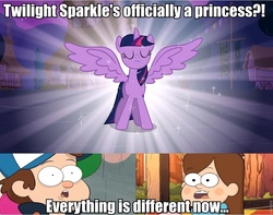 Size: 960x758 | Tagged: safe, edit, edited screencap, screencap, twilight sparkle, alicorn, pony, g4, magical mystery cure, season 3, dipper pines, female, gravity falls, image macro, mabel pines, male, mare, princess, spread wings, time traveler's pig, twilight sparkle (alicorn), wings