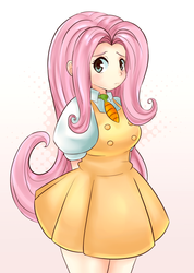 Size: 600x844 | Tagged: safe, artist:chelostracks, fluttershy, human, g4, clothes, costume, dress, female, food costume, humanized, necktie, skirt, solo