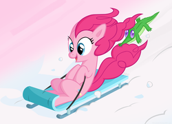 Size: 5000x3600 | Tagged: safe, artist:shinodage, gummy, pinkie pie, earth pony, pony, g4, absurd resolution, female, mare, sled, snow, vector, windswept mane